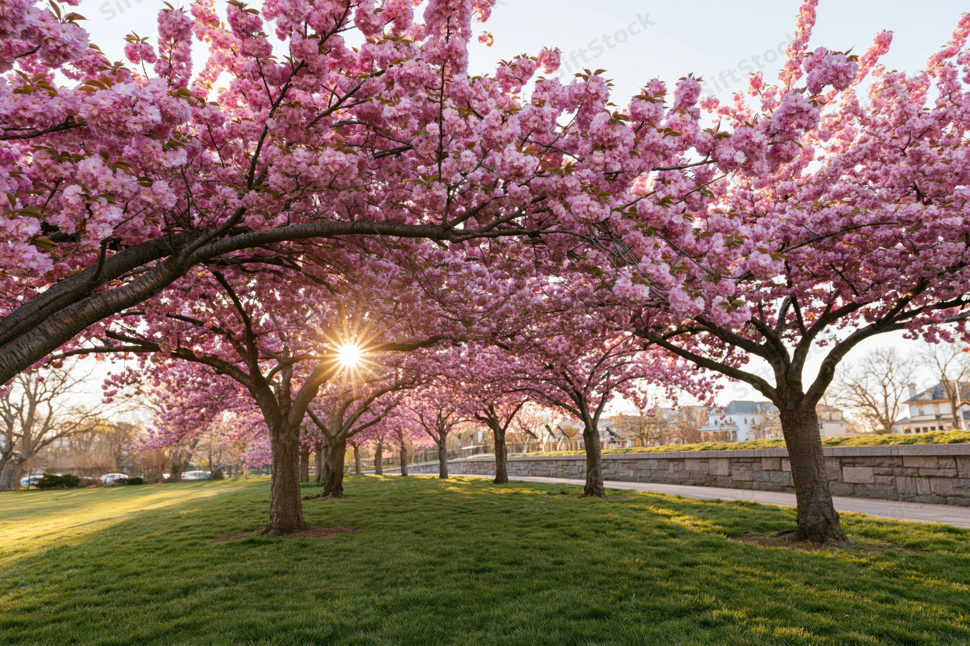 Row of cherry blossom trees in full bloom arching over a grassy park pathway with sunlight filtering through the canopy