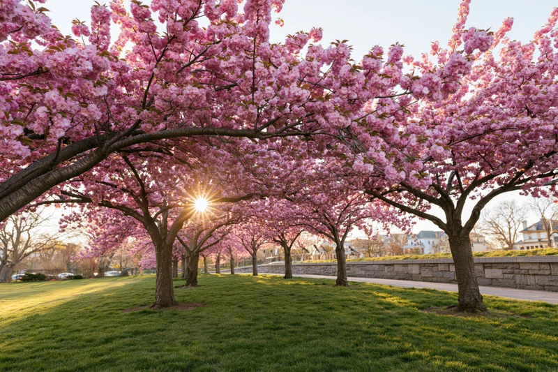 Row of cherry blossom trees in full bloom arching over a grassy park pathway with sunlight filtering through the canopy