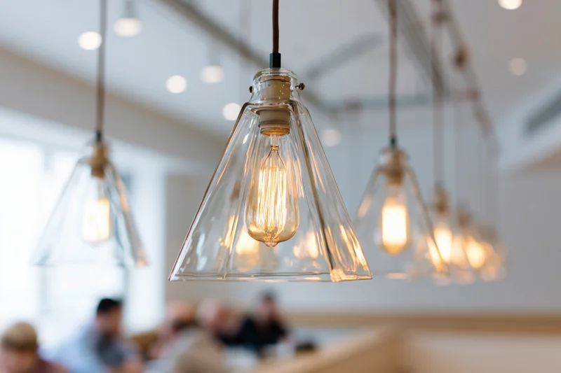Row of geometric pyramid-shaped clear glass pendant lights hanging from ceiling in restaurant interior with warm glow