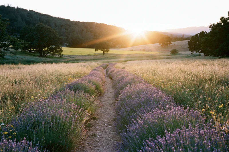 Rows of lavender and wildflowers bordering a narrow dirt path through a sunlit field at sunset
