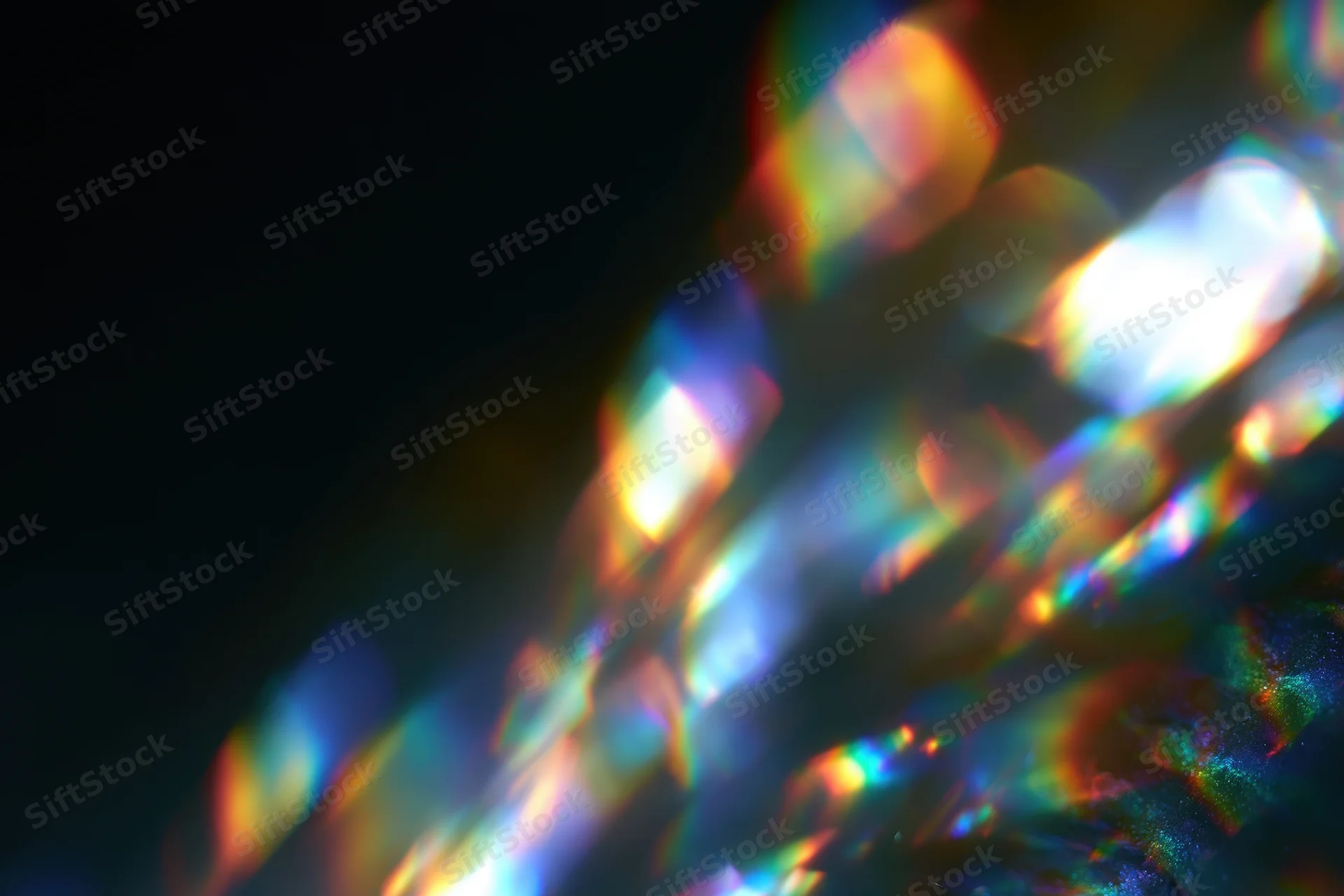 Scattered prism light reflections on a dark surface with soft defocus