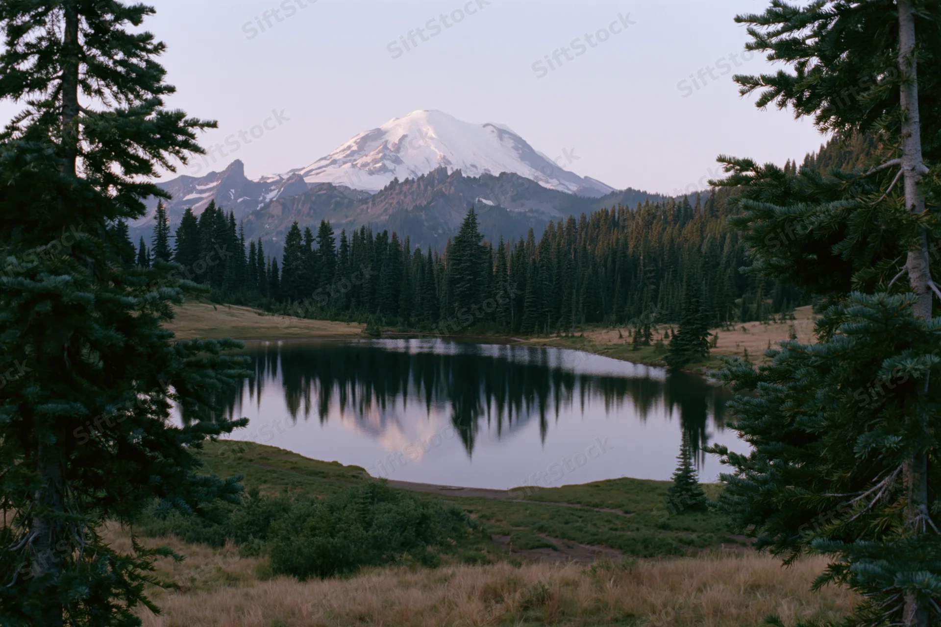 Snow-capped volcanic peak reflected in calm alpine lake surrounded by evergreen forest and meadow