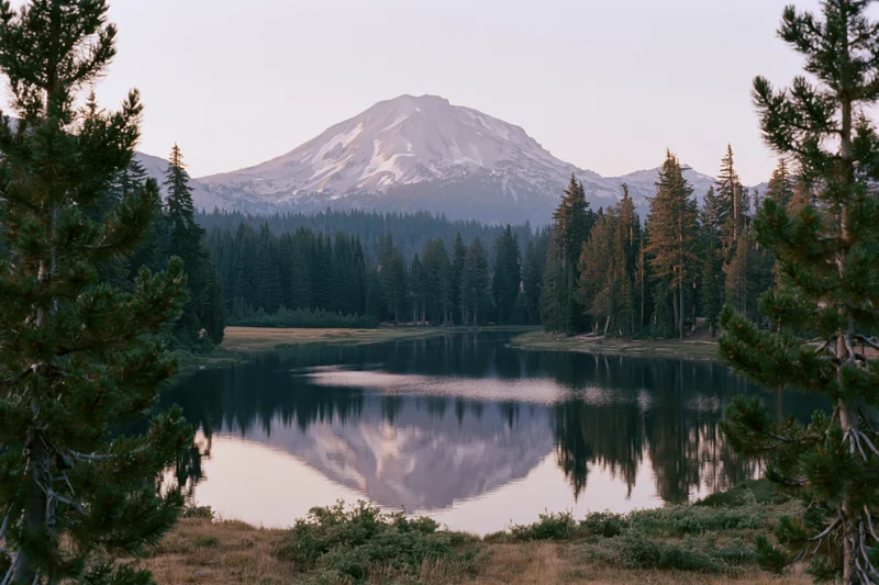 Snow-capped volcanic peak reflected in calm alpine lake surrounded by pine forest at dusk