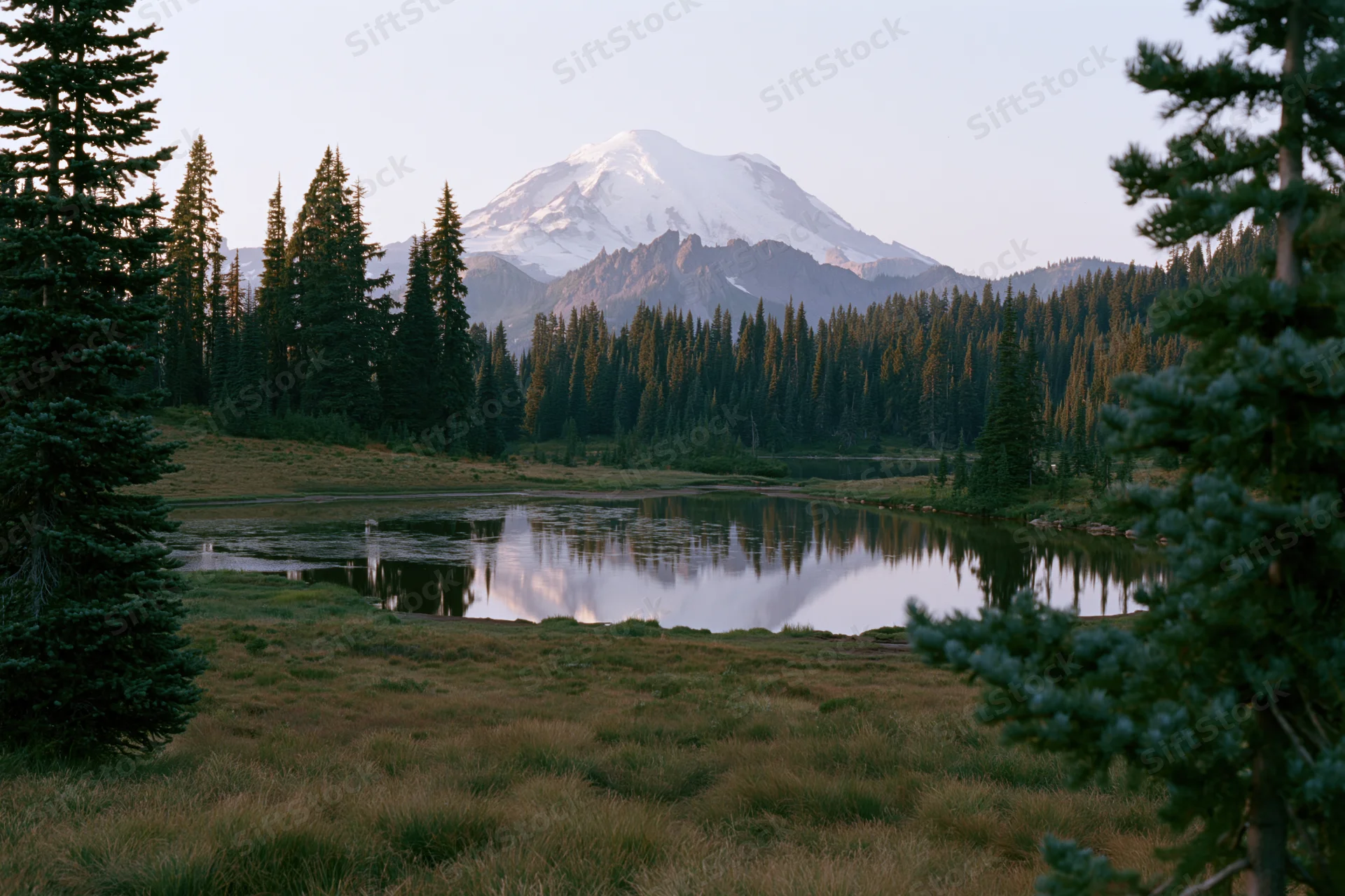 Snow-capped volcanic peak reflected in calm alpine lake surrounded by evergreen forest and meadow