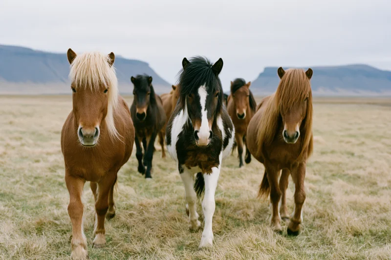 Small herd of icelandic horses walking slowly toward the camera in a grassy field with distant mountains under an overcast sky