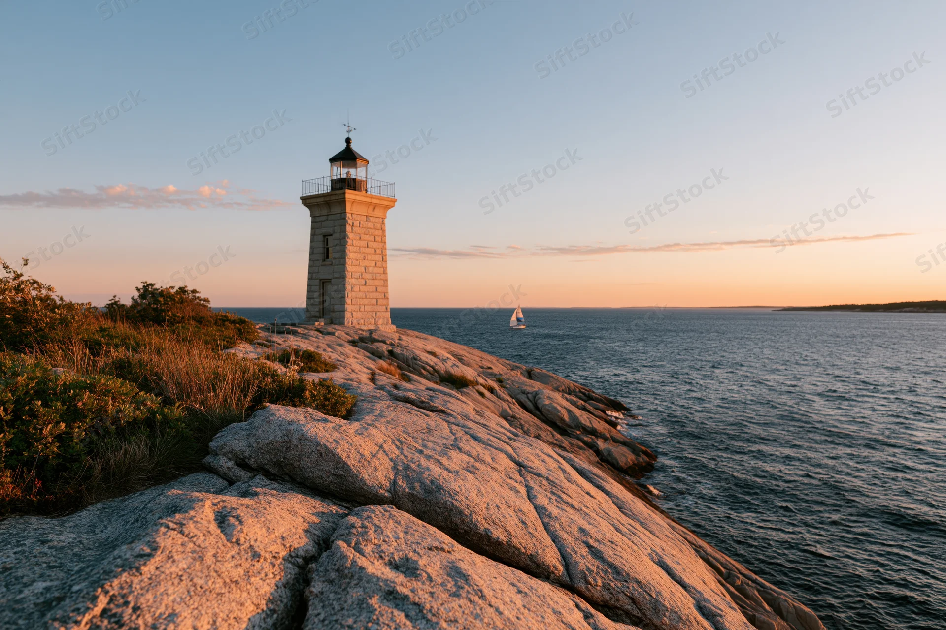 Historic stone lighthouse standing on rocky cliff overlooking ocean at sunset with sailboat in distance