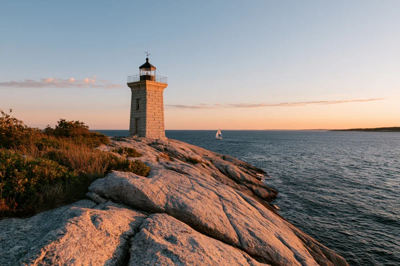 Historic stone lighthouse standing on rocky cliff overlooking ocean at sunset with sailboat in distance