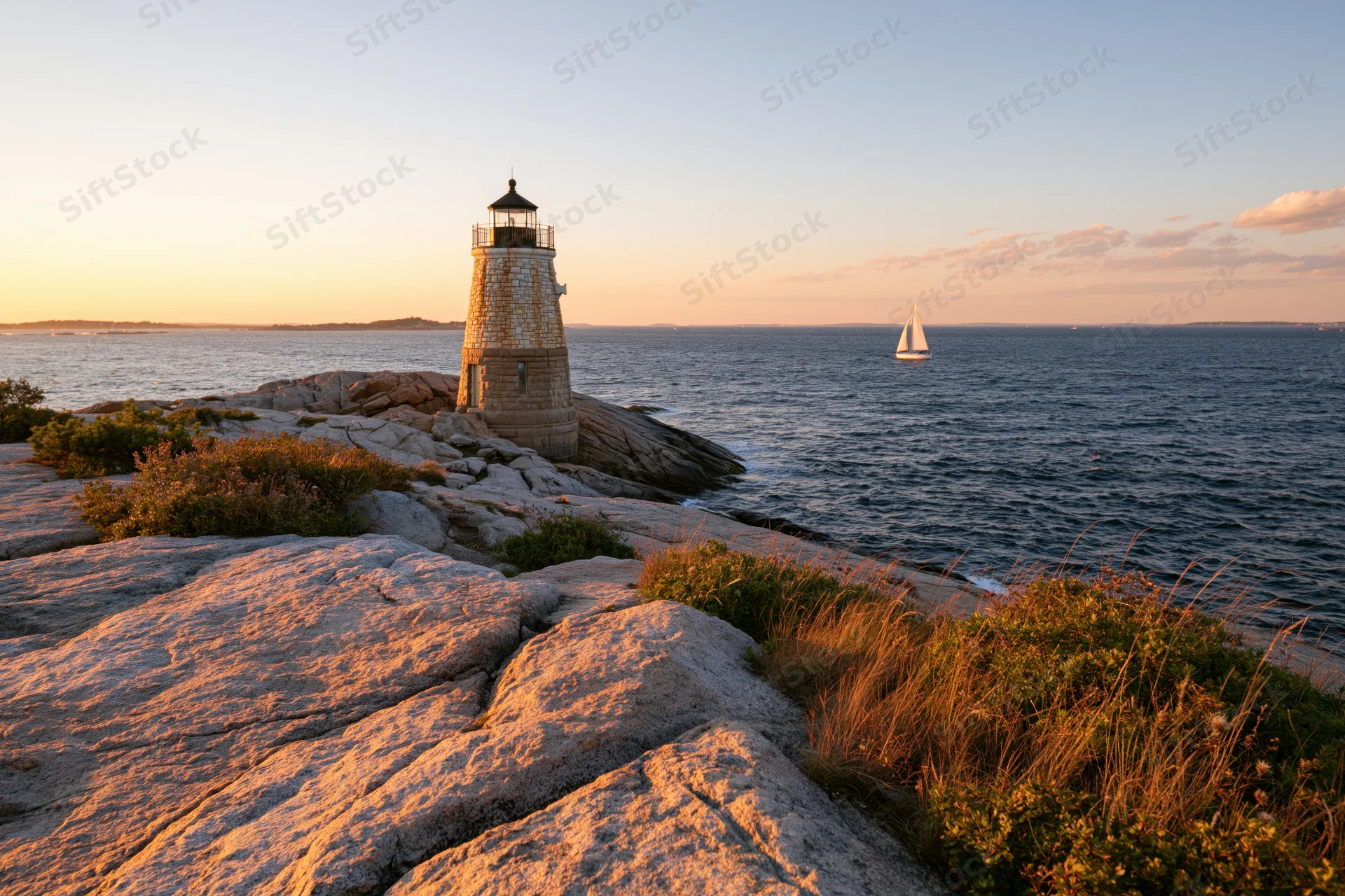 Historic stone lighthouse standing on rocky coastline at sunset with sailboat on ocean