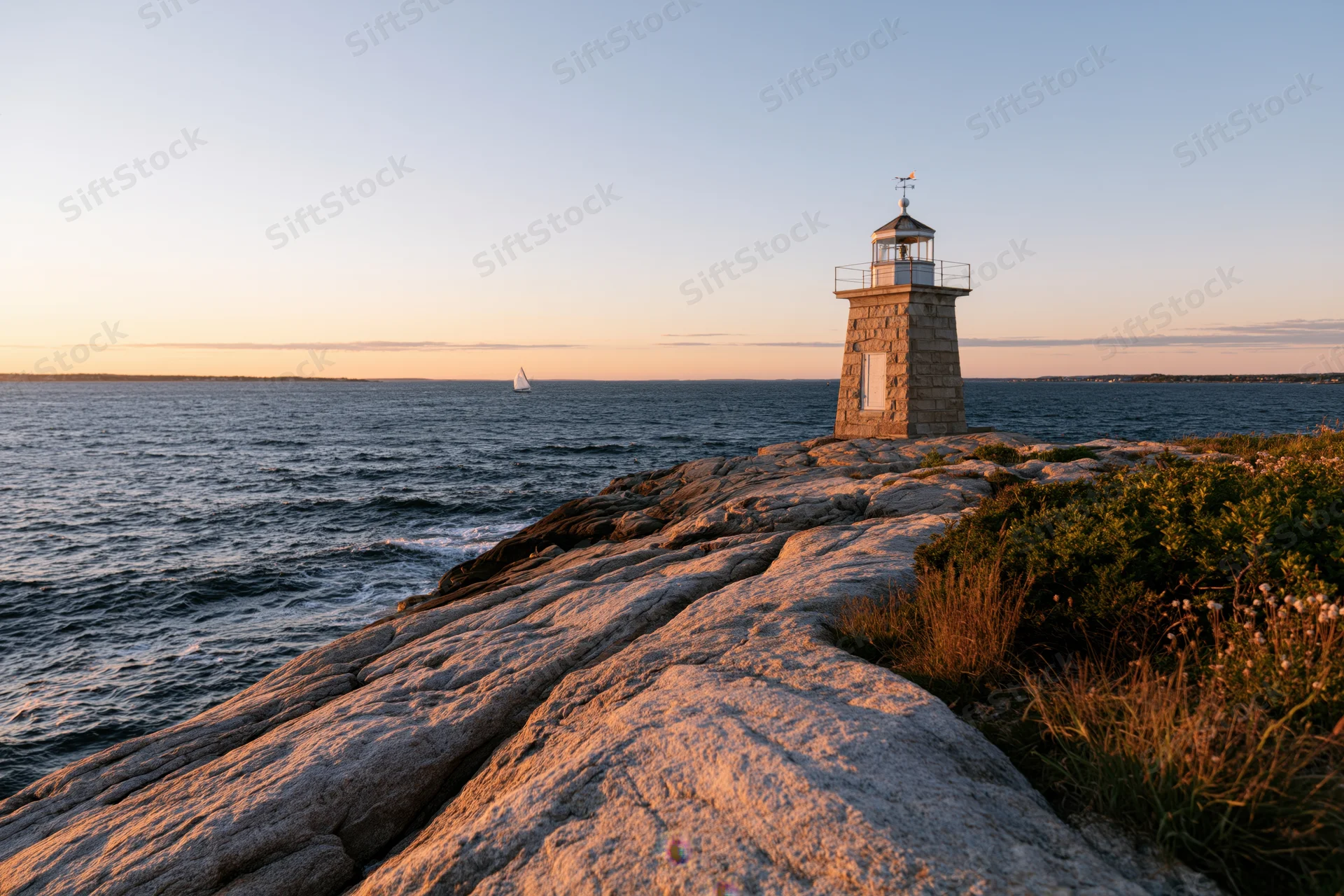 Small historic stone lighthouse standing on rocky coastline at sunset with sailboat on ocean in distance