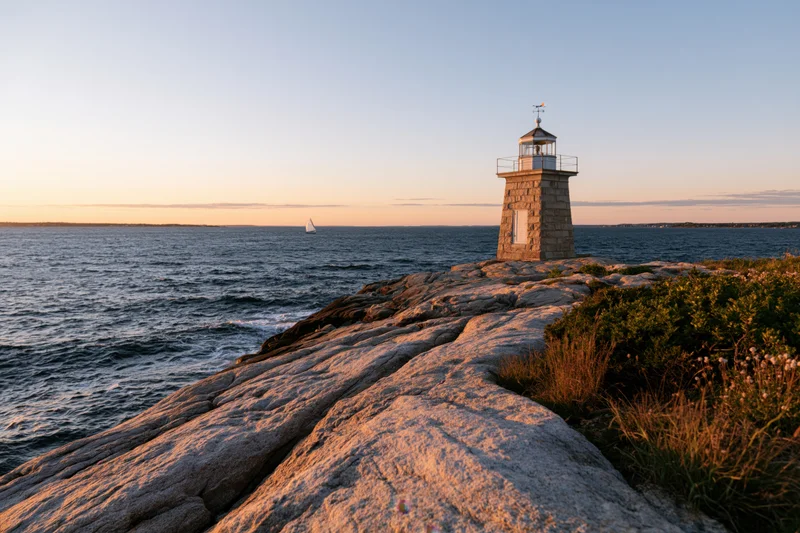 Small historic stone lighthouse standing on rocky coastline at sunset with sailboat on ocean in distance