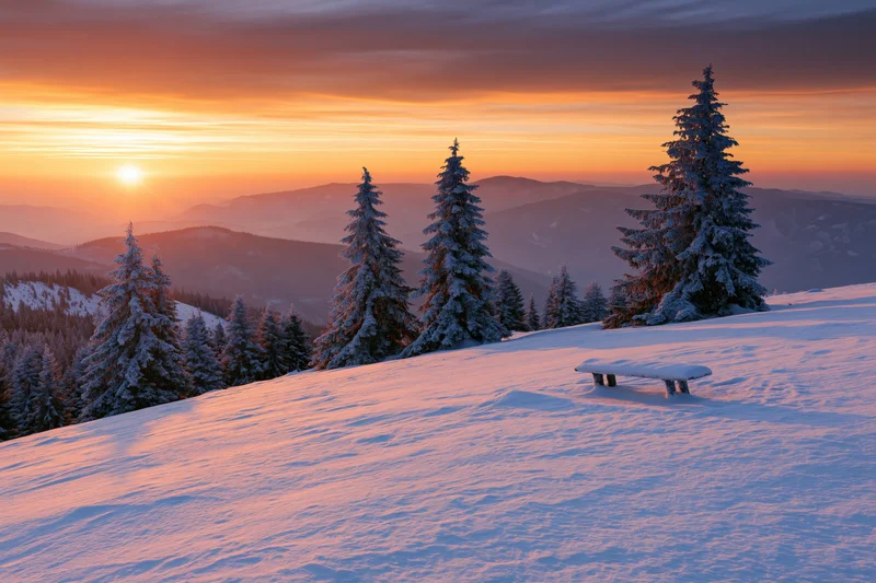 Snow-covered alpine hillside at sunrise with frost-laden pine trees and a wooden bench in the foreground