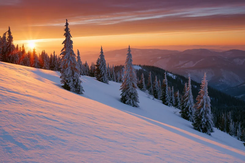 Snow-covered alpine hillside with frost-laden pine trees at winter sunrise