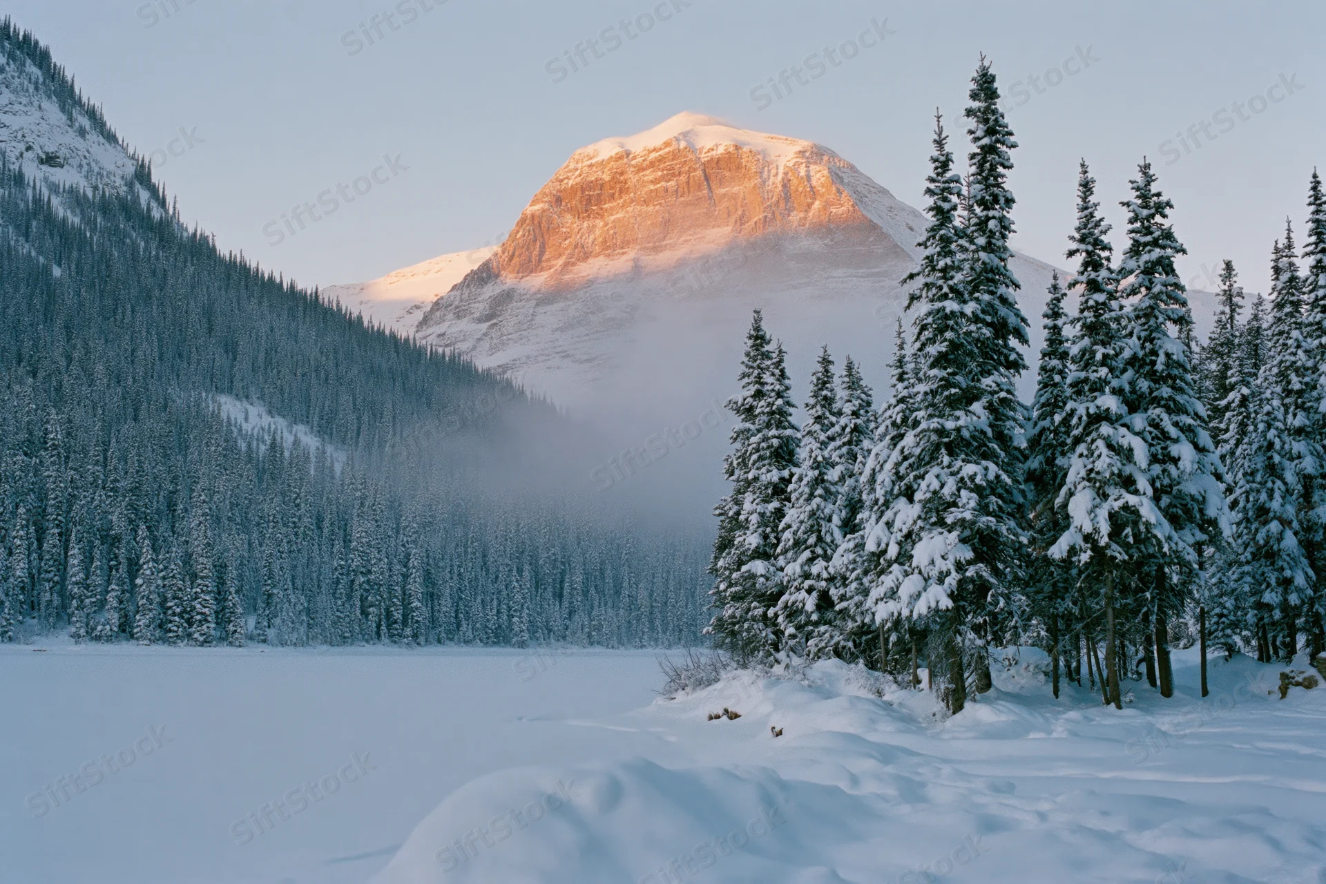 Snow-covered alpine lake surrounded by tall spruce trees with a mountain peak in the background during sunrise