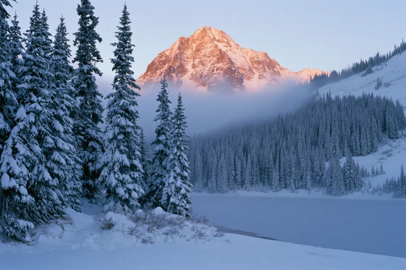 Snow-covered alpine lake surrounded by tall spruce trees with a mountain peak glowing in sunrise light