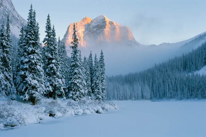 Snow-covered alpine lake surrounded by tall spruce trees with a mountain peak in the background at sunrise