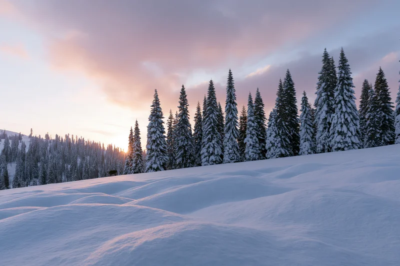 Snow-covered alpine meadow with spruce trees at sunset