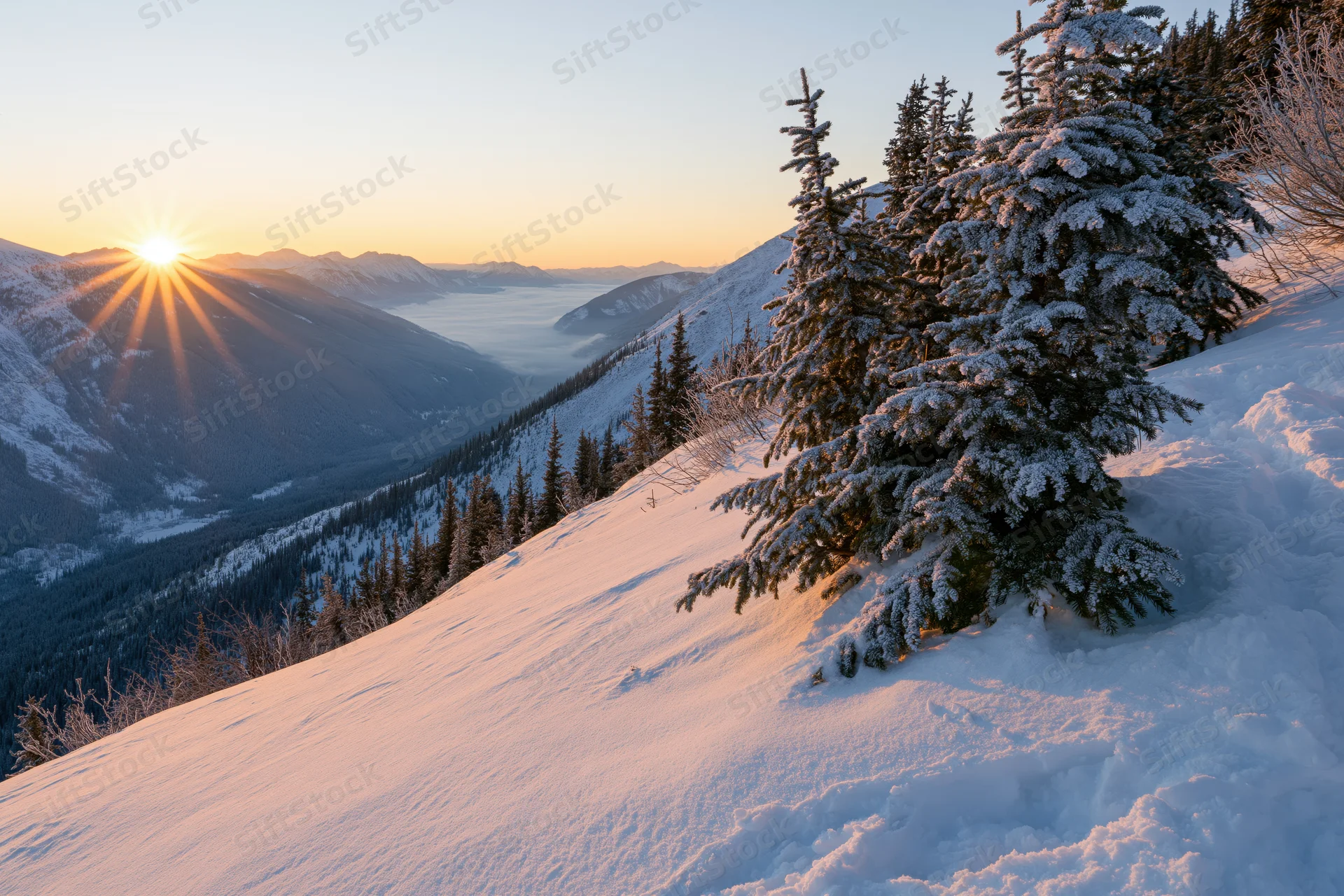 Snow-covered alpine slope at sunrise with frost-laden spruce trees overlooking a valley
