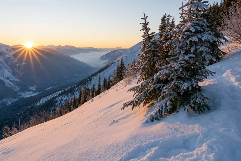 Snow-covered alpine slope at sunrise with frost-laden spruce trees overlooking a valley