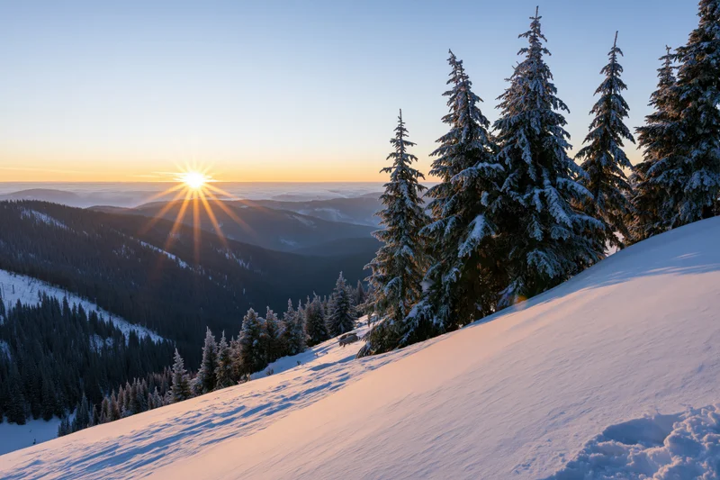 Snow-covered alpine slope at sunrise with frost-laden spruce trees lining the ridge