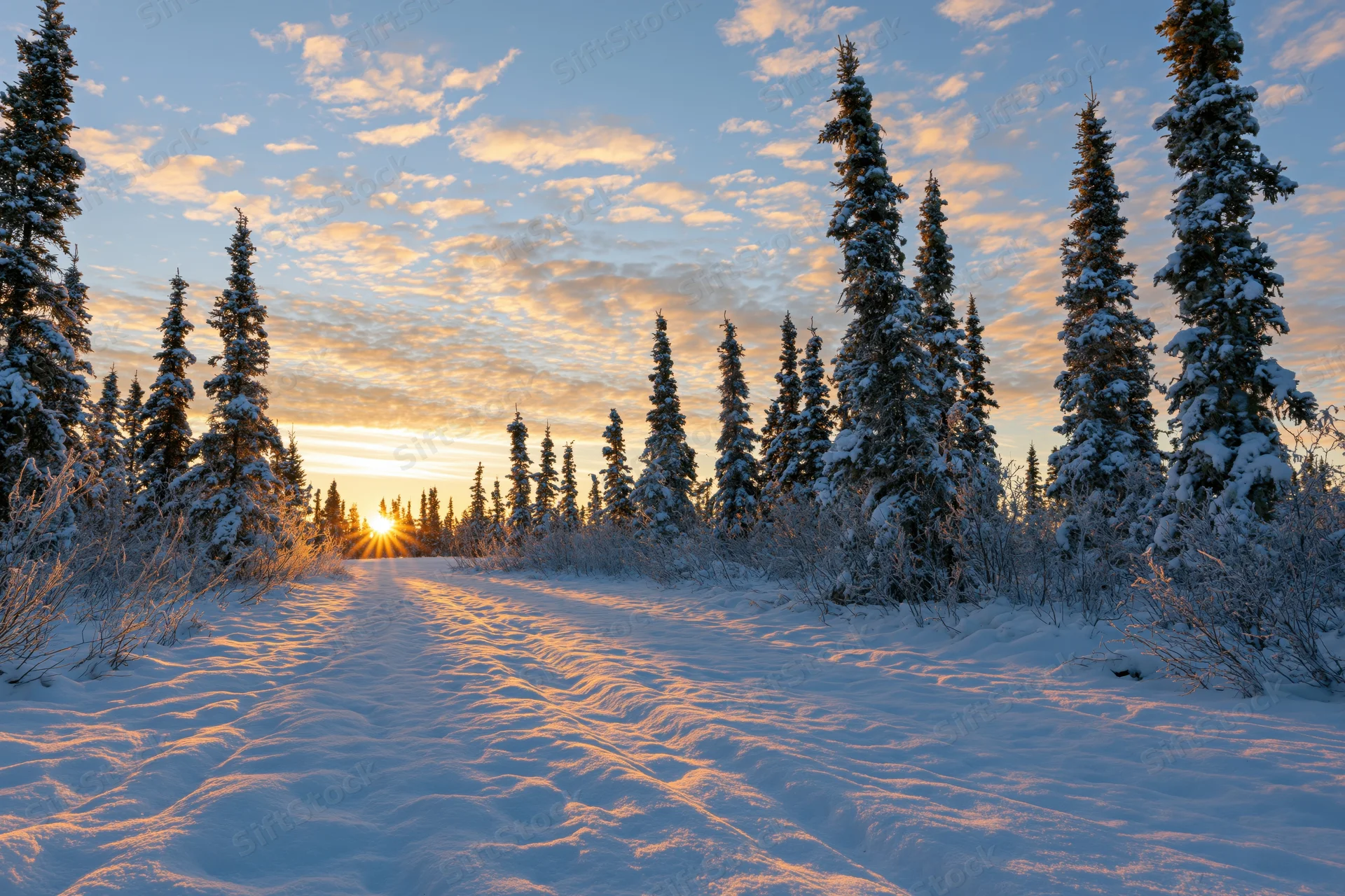 Snow-covered spruce forest clearing at sunrise with a path through the snow