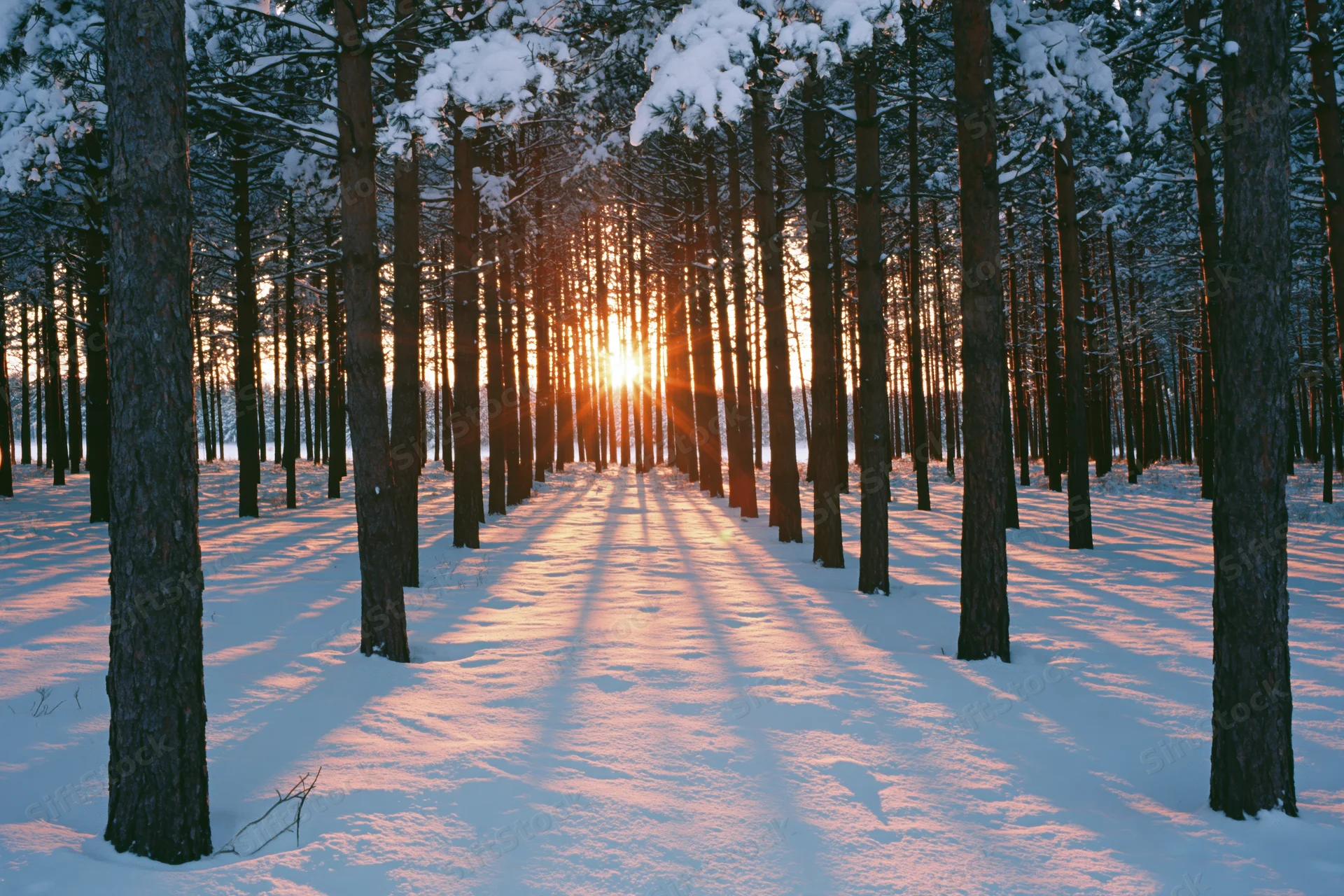 Snow-covered conifer forest at sunset with tall dark tree trunks casting long shadows on a path through the trees
