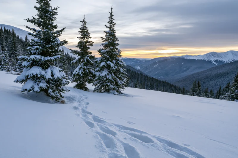 Snow-covered spruce trees standing on a mountain meadow at sunset with footprints in the snow leading across the slope