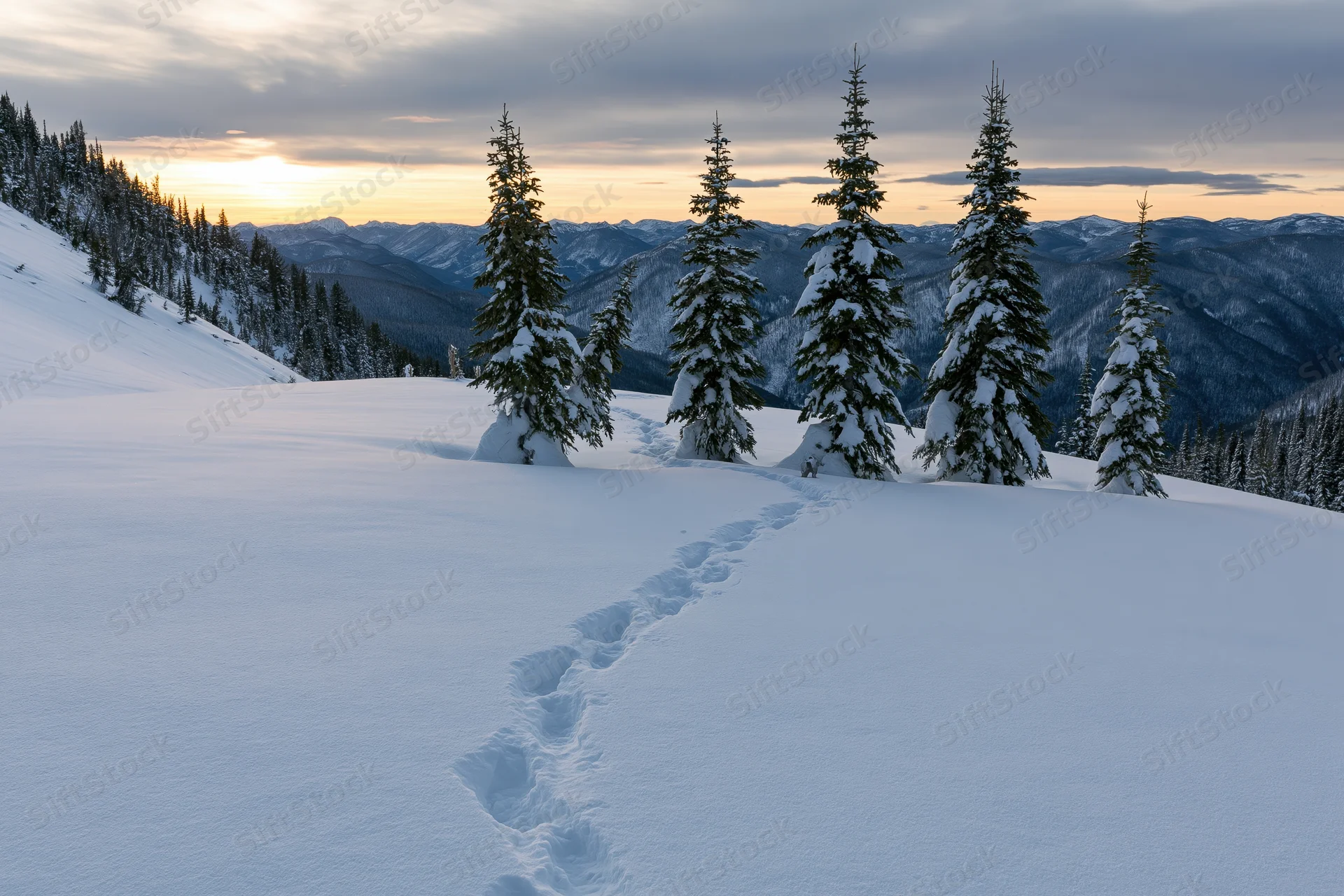 Snow-covered spruce trees standing in a mountain meadow with footprints leading across the snow at sunset
