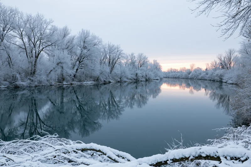 Snow-covered trees lining a still river in deep winter with reflections at dawn