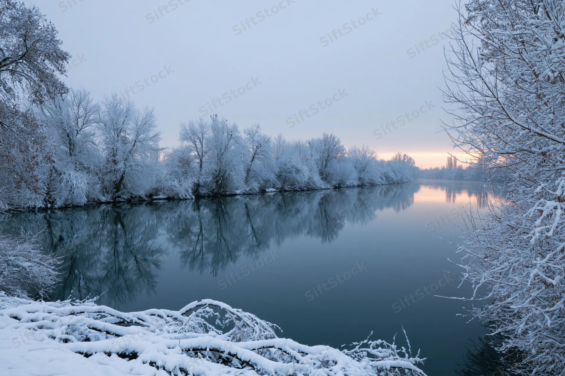 Snow-covered trees lining a still river in deep winter at dawn
