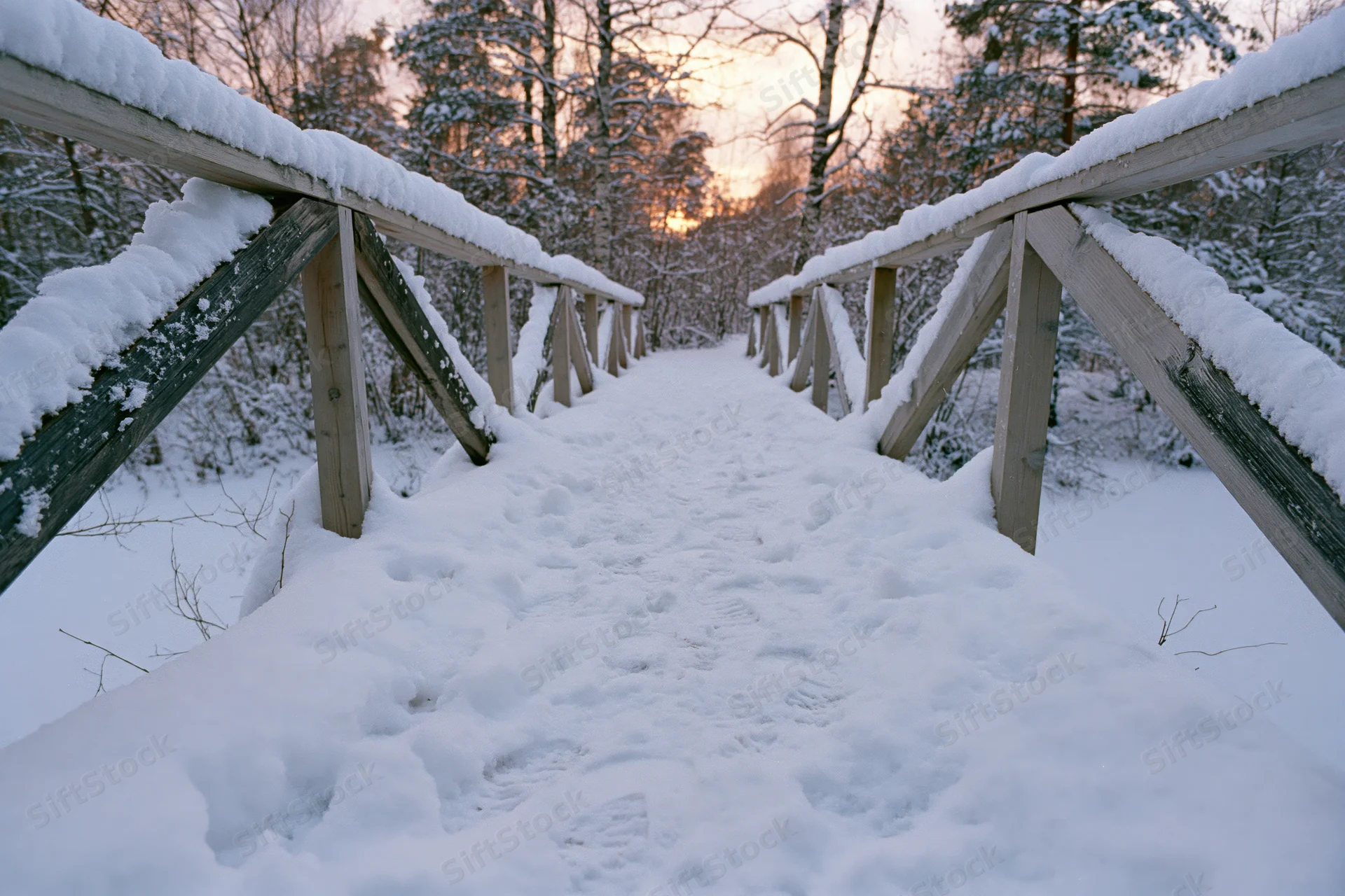 Snow-covered wooden footbridge leading into a dense winter forest at twilight