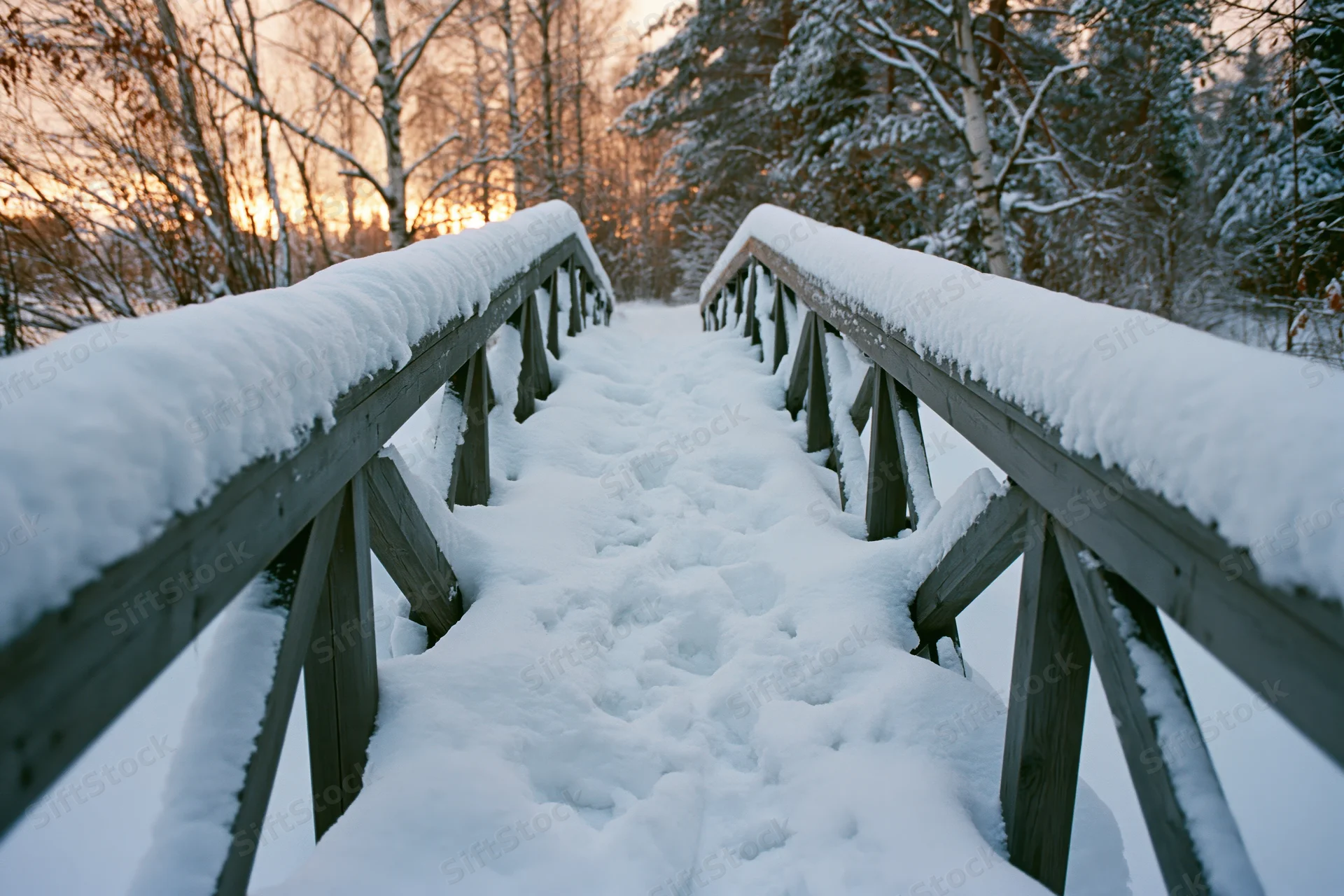 Snow-covered wooden footbridge leading into a winter forest at twilight