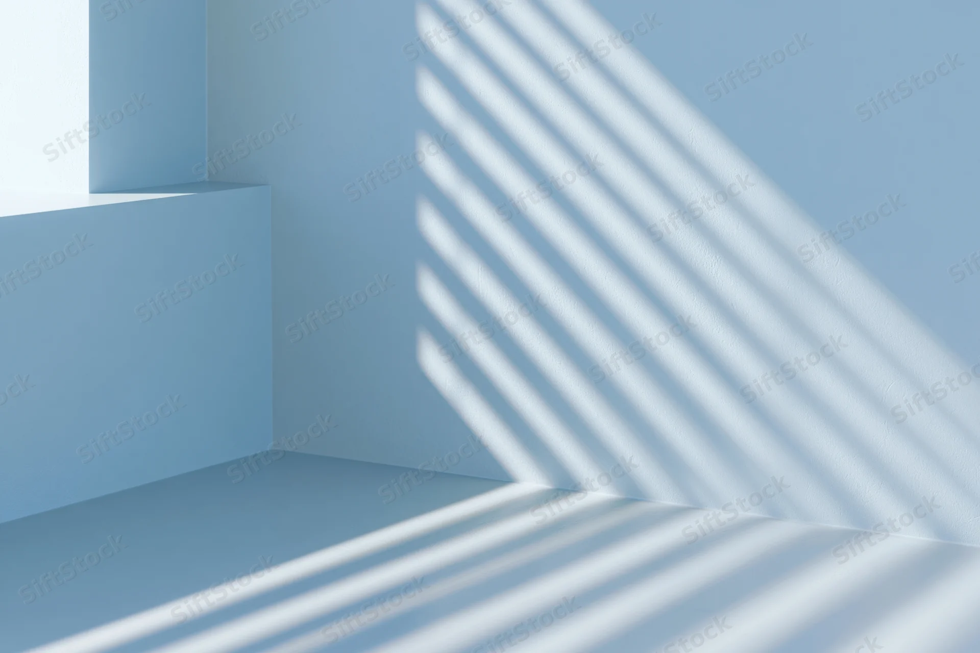 Diagonal light and shadow stripes cast across a blue room corner from a window