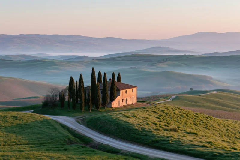 Stone farmhouse surrounded by tall cypress trees on a green hill at sunrise