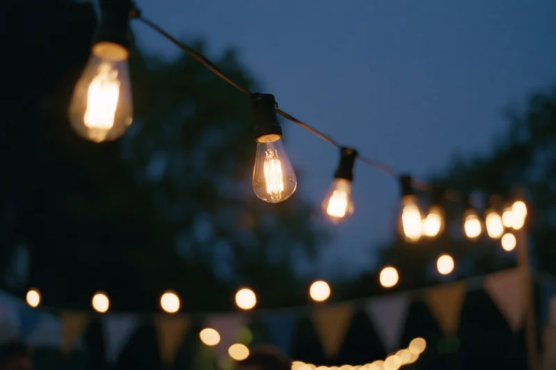 String of warm edison bulbs hanging outdoors at twilight with bunting below