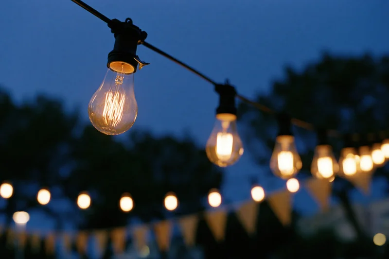 Edison bulbs hanging in a string outdoors at dusk with warm glow and blurred background
