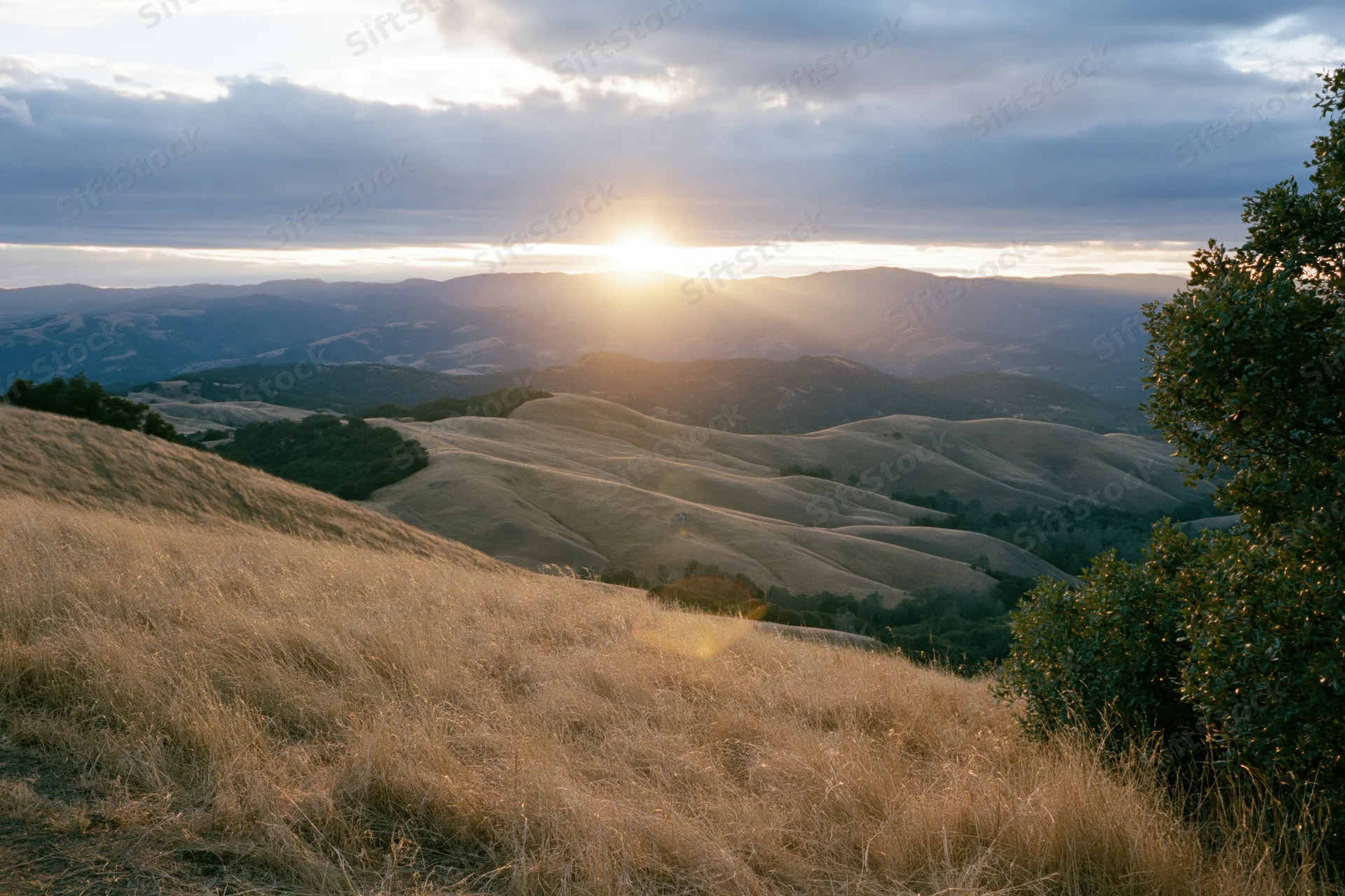 Sun setting behind rolling hills in california landscape with golden grass and distant mountains
