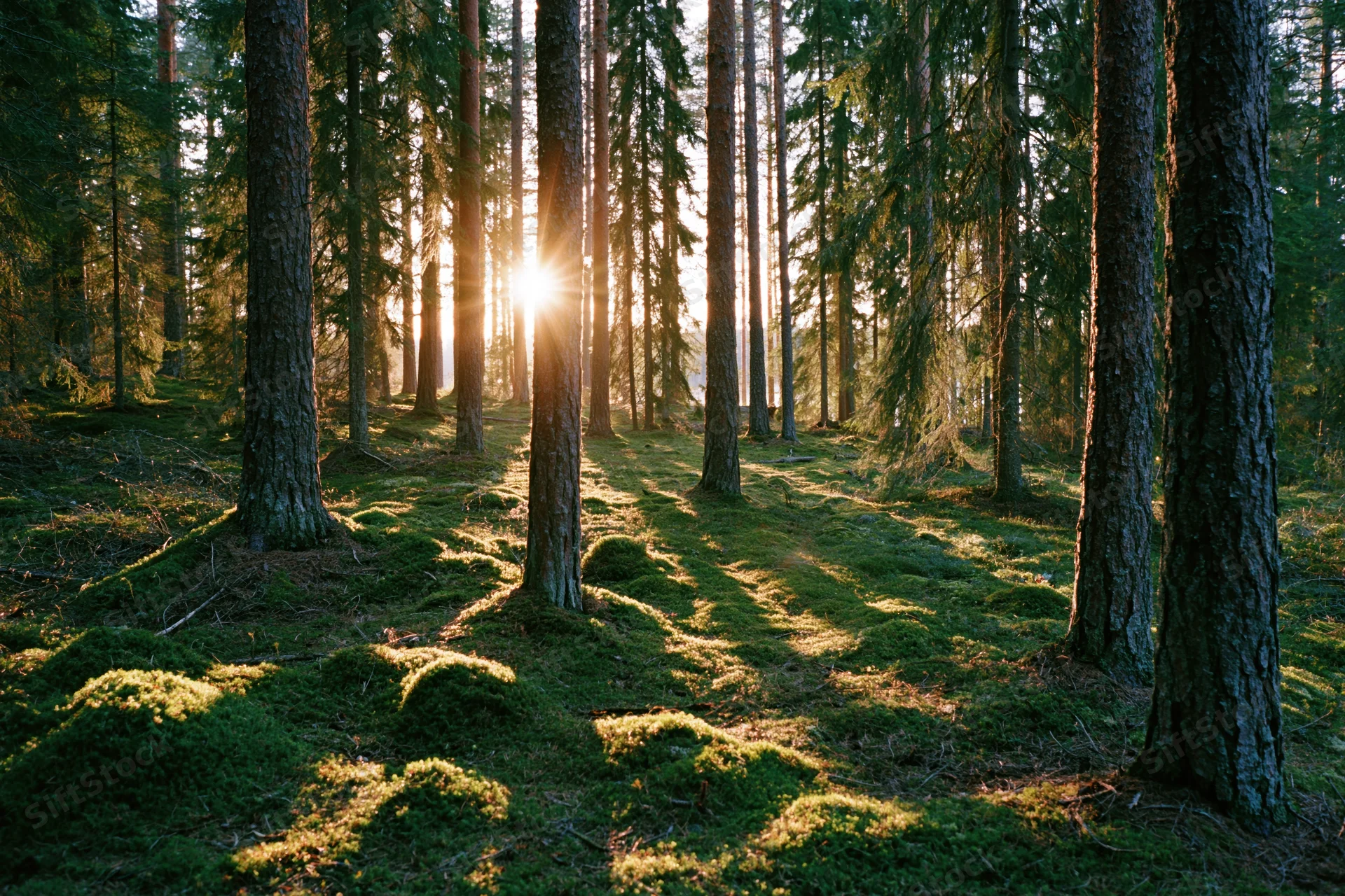 Sunlight streaming through tall pine and spruce tree trunks in a moss-covered forest floor