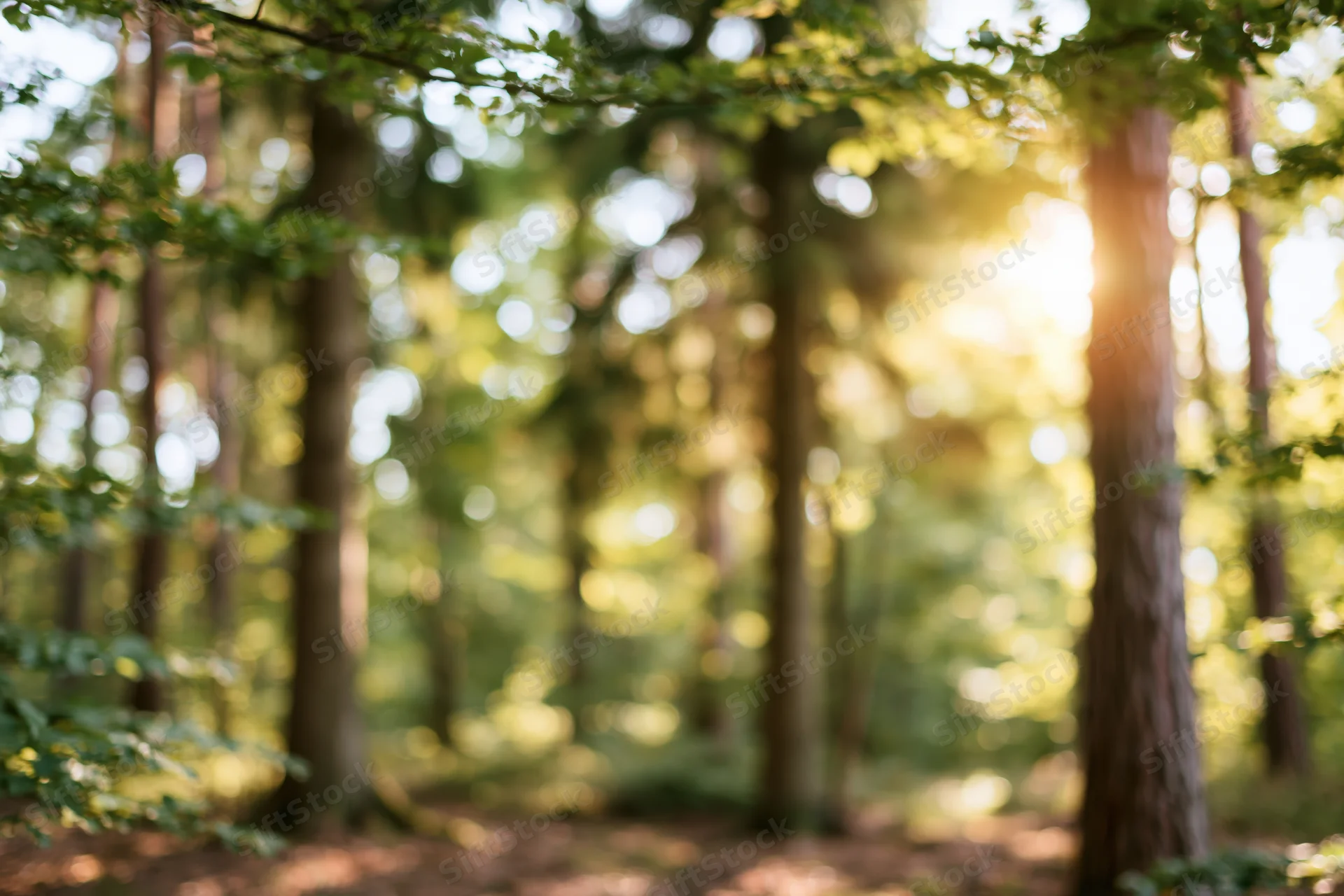 Sunlit forest grove with tall trees and dappled light filtering through the canopy