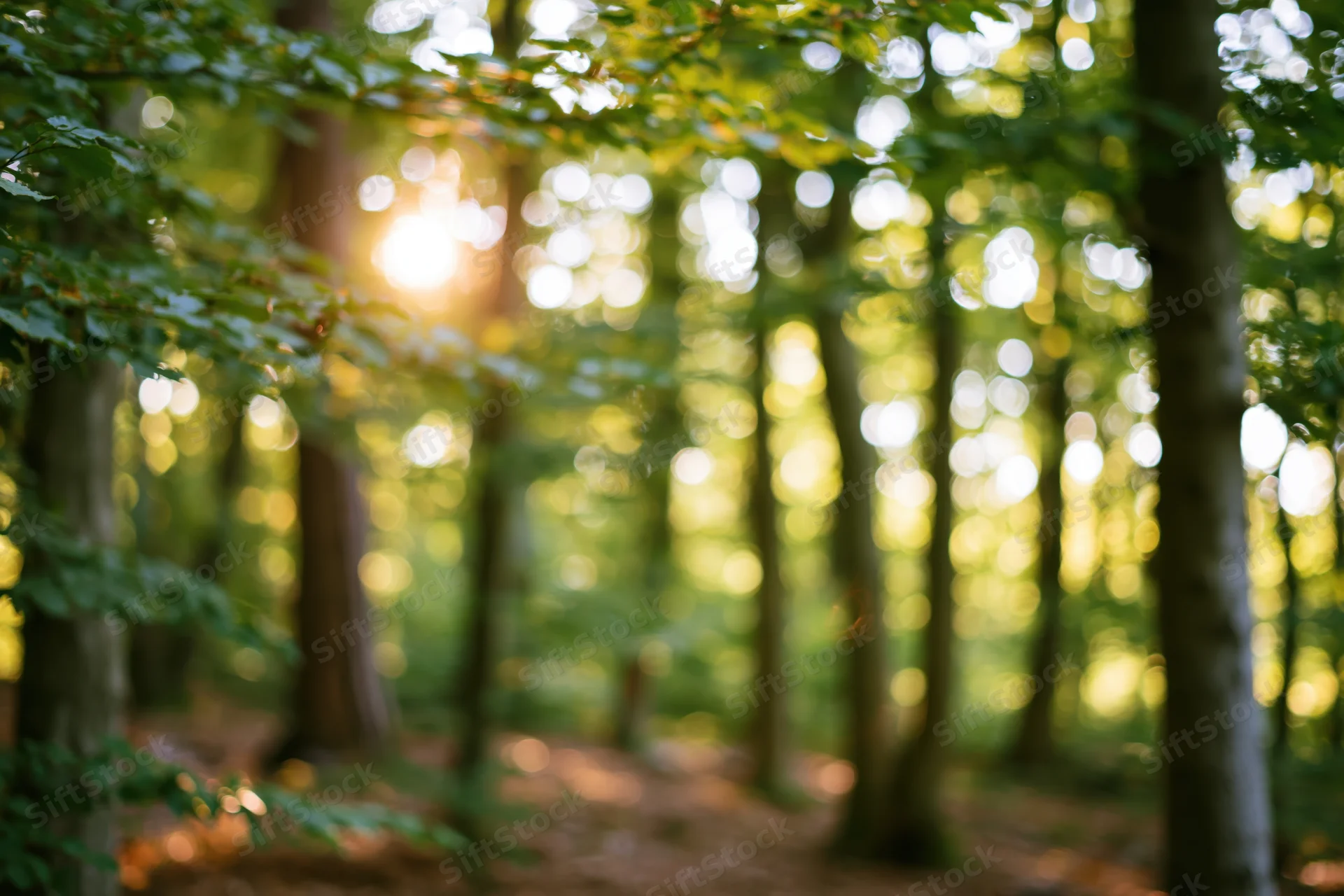 Sunlit forest grove with dappled light filtering through tall trees and green foliage