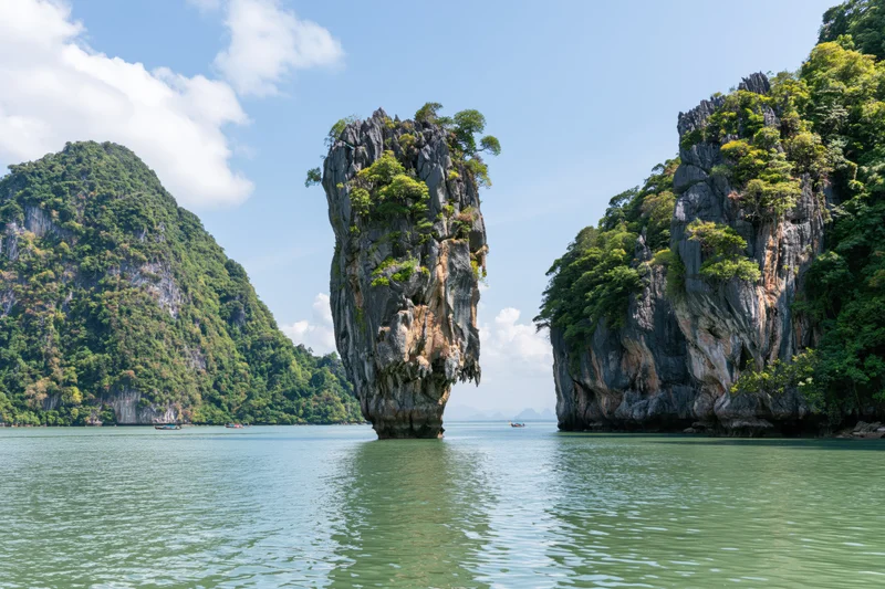 Tall limestone karst pillar rising from shallow tropical bay surrounded by forested cliffs and calm green water under blue sky with scattered clouds