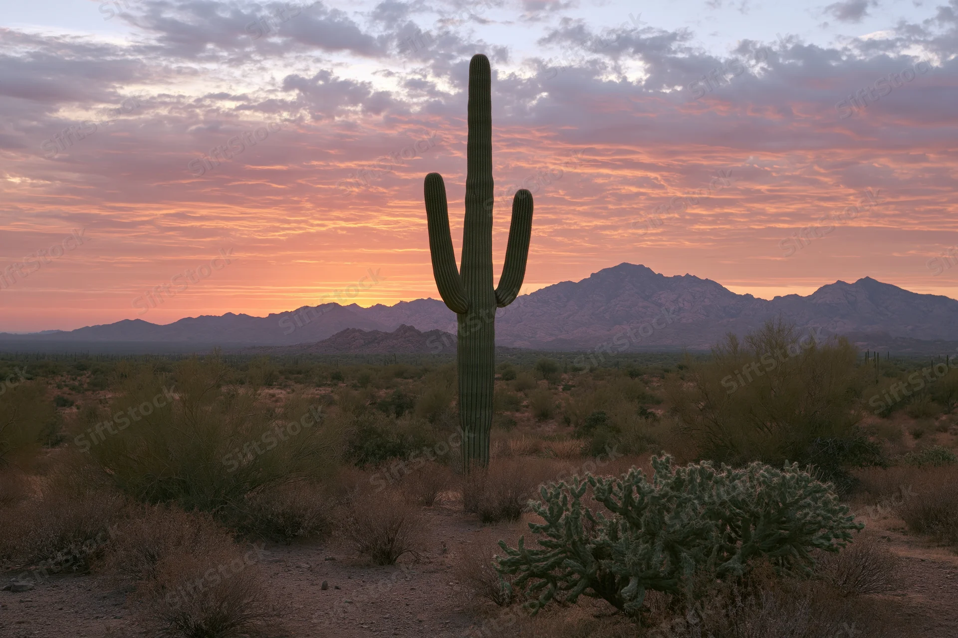 Tall saguaro cactus standing alone in sonoran desert landscape at sunset