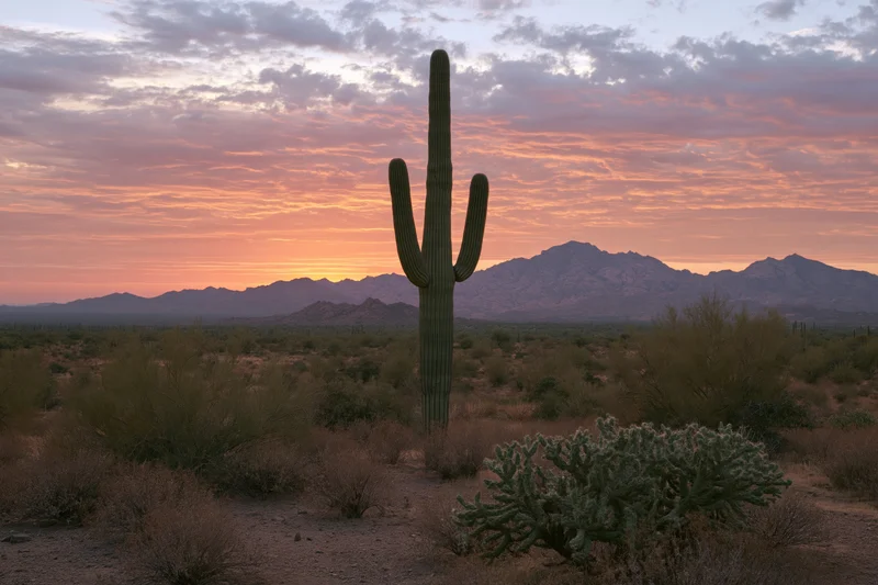 Tall saguaro cactus standing alone in sonoran desert landscape at sunset