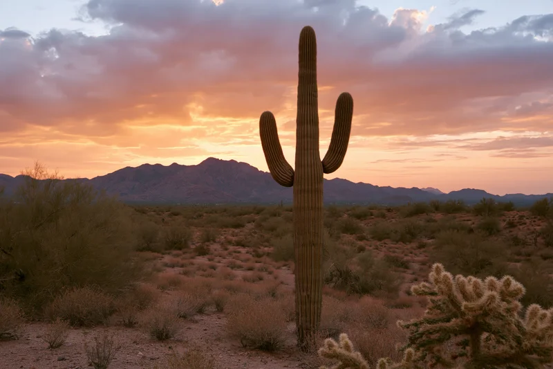 Tall saguaro cactus standing alone in sonoran desert landscape at sunset with mountains in background