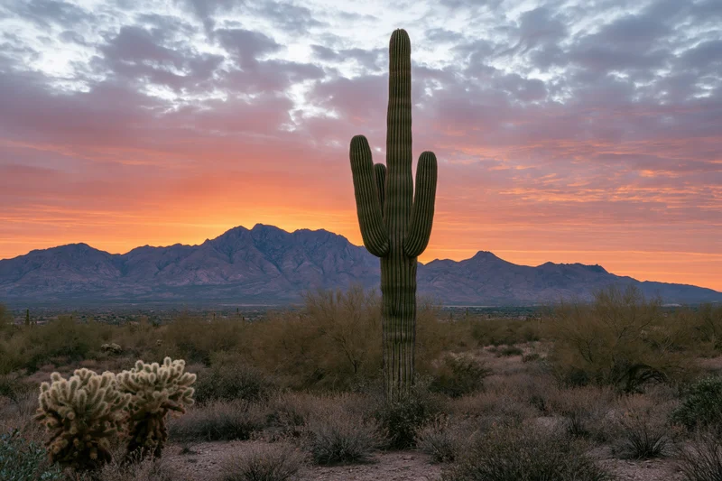 Tall saguaro cactus standing alone in sonoran desert landscape at sunset with mountains in background