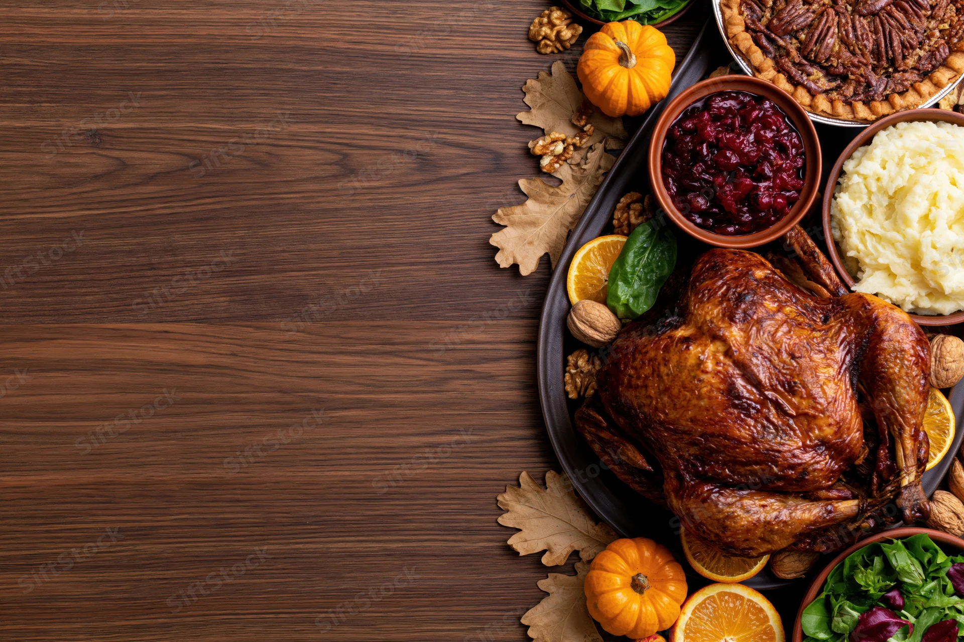 Roasted turkey with side dishes arranged along the right side of a wooden table