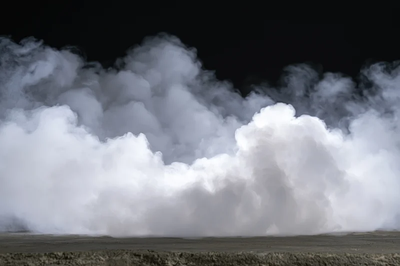 Thick white smoke billowing upward from a dark concrete floor