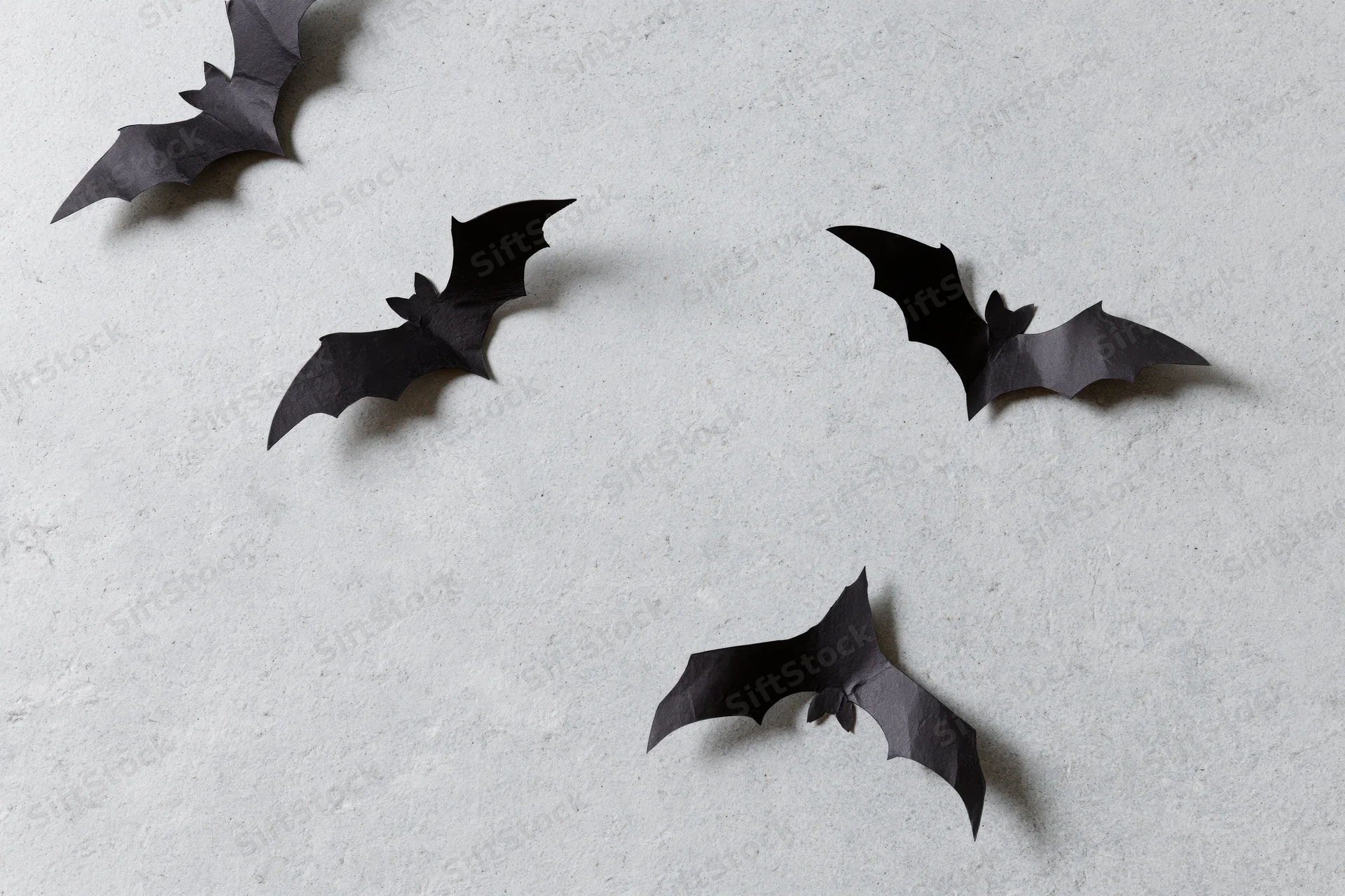 Black paper bat cutouts arranged in flying poses scattered across a white textured wall