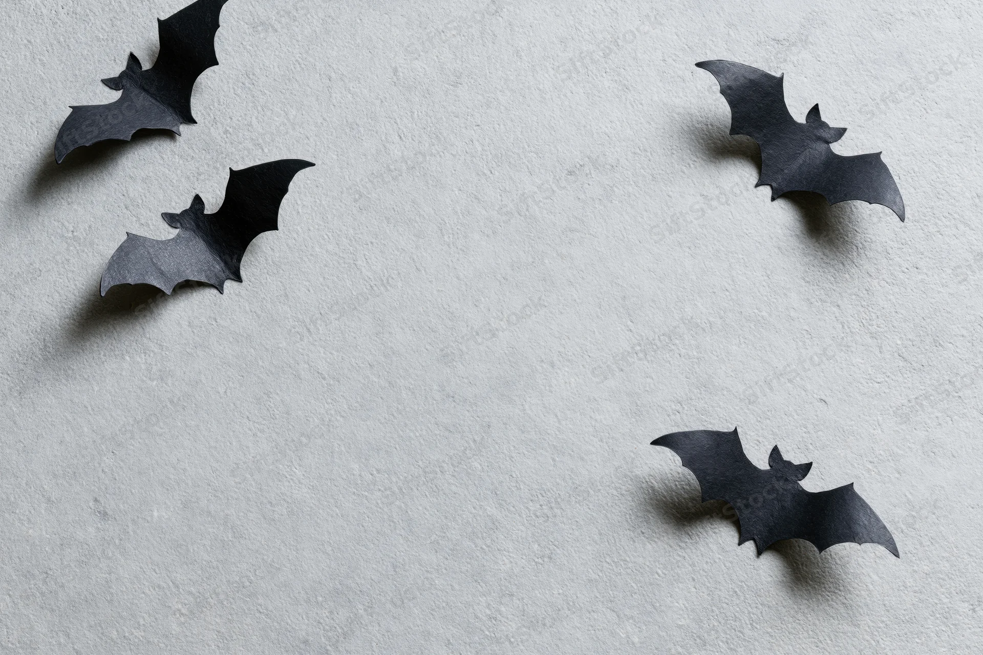 Black paper bat cutouts arranged in flying poses on a textured gray wall