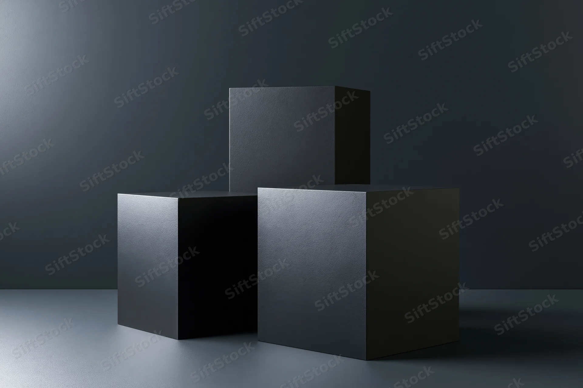 Three matte black geometric cubes arranged as pedestals in a dark studio space