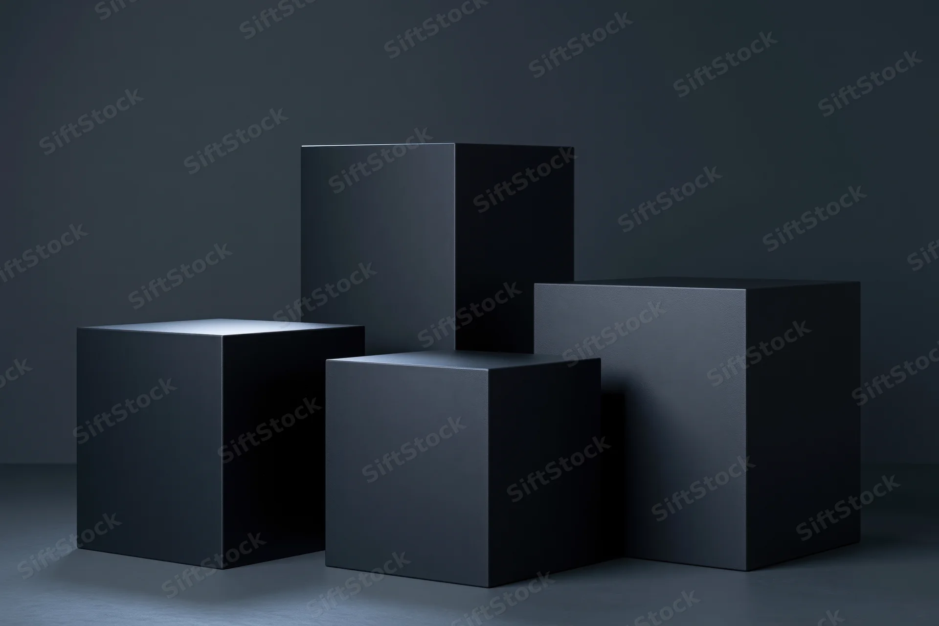 Matte black geometric cubes arranged as pedestals in a studio space